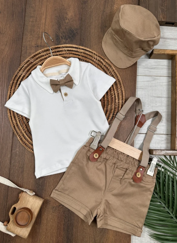 Askı Kemerli Kasket Şapkalı Papyonlu Şortlu Polo Yaka Yazlık Erkek Bebek Takım - HAKİ YEŞİL