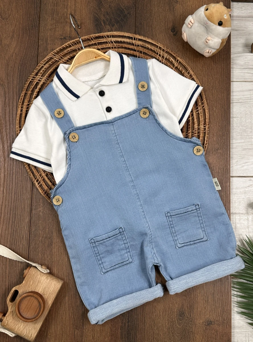 Salopet Likralı Kot Polo Yaka Sweatshirt Düğmeli Salopet Yazlık Erkek Bebek Takım - MAVİ