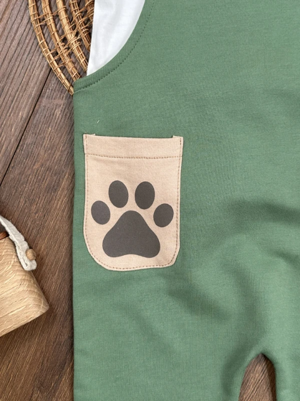 Salopet Aycık Pati Baskılı Safari Şapkalı Omuzdan Çıtçıtlı Badi Yazlık Erkek Bebek Takım - YEŞİL