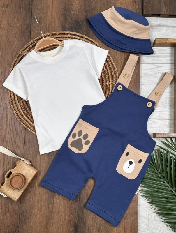 Salopet Aycık Pati Baskılı Safari Şapkalı Omuzdan Çıtçıtlı Badi Yazlık Erkek Bebek Takım - LACİVERT