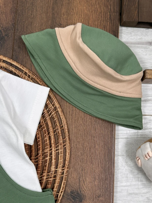 Salopet Aycık Pati Baskılı Safari Şapkalı Omuzdan Çıtçıtlı Badi Yazlık Erkek Bebek Takım - YEŞİL