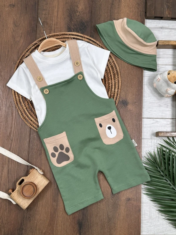 Salopet Aycık Pati Baskılı Safari Şapkalı Omuzdan Çıtçıtlı Badi Yazlık Erkek Bebek Takım - YEŞİL