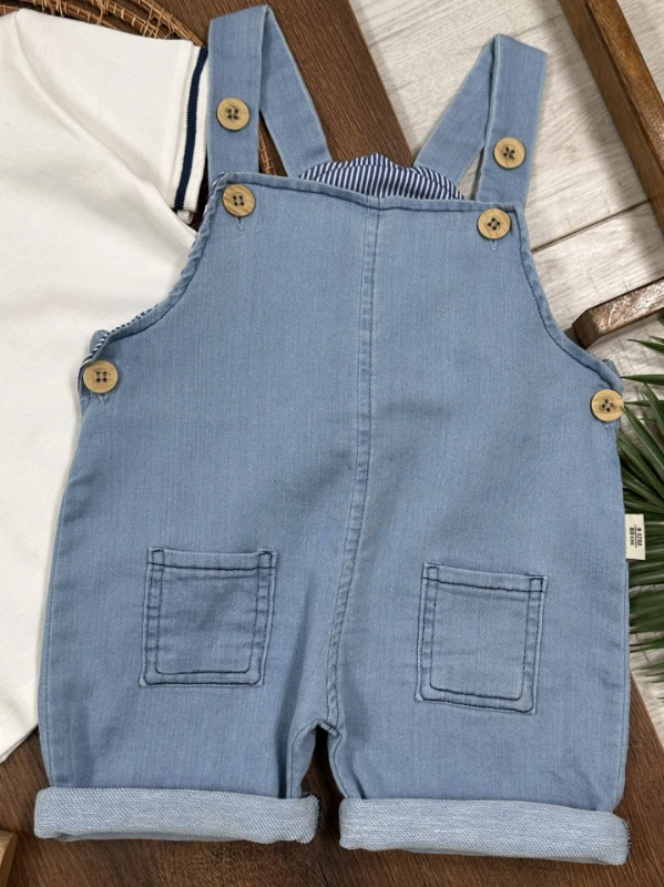 Salopet Likralı Kot Polo Yaka Sweatshirt Düğmeli Salopet Yazlık Erkek Bebek Takım - MAVİ