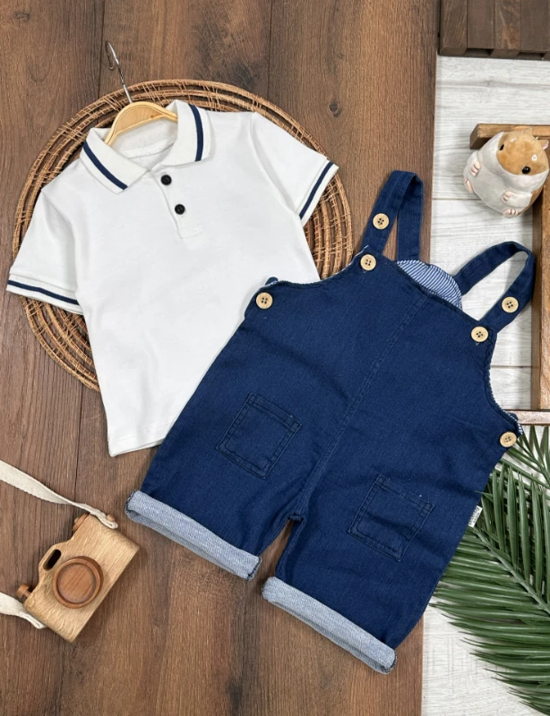 Salopet Likralı Kot Polo Yaka Sweatshirt Düğmeli Salopet Yazlık Erkek Bebek Takım - MAVİ