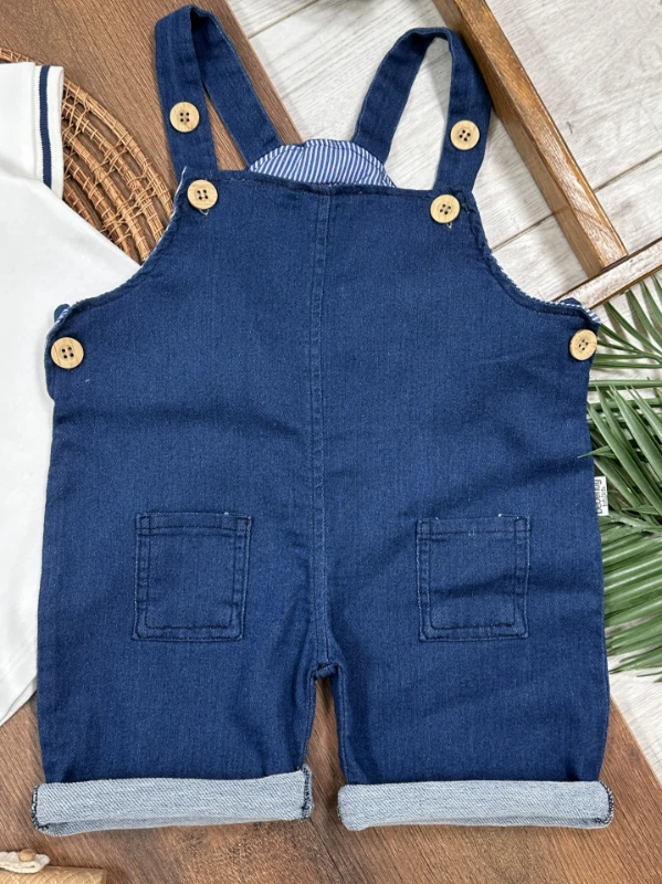 Salopet Likralı Kot Polo Yaka Sweatshirt Düğmeli Salopet Yazlık Erkek Bebek Takım - MAVİ