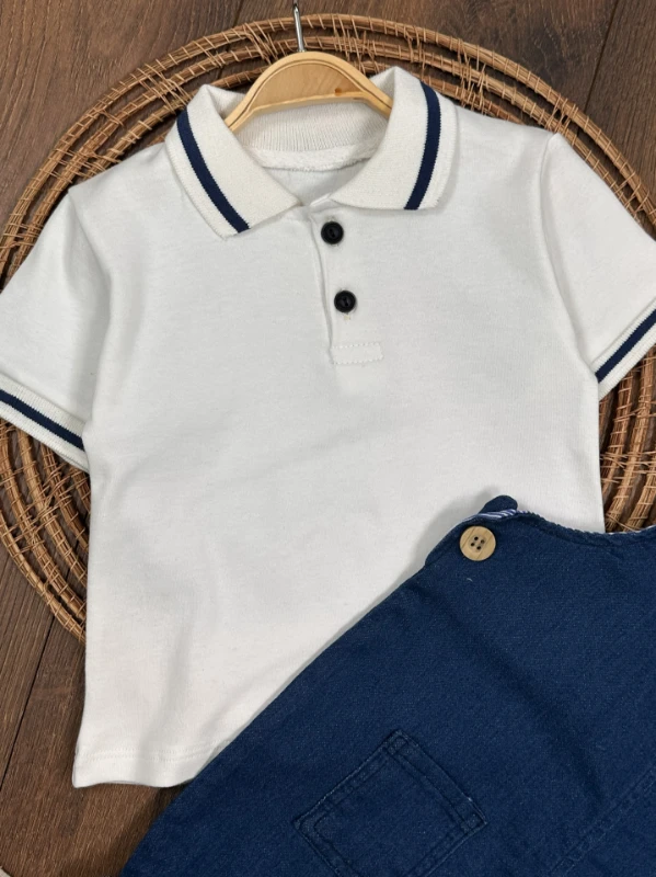 Salopet Likralı Kot Polo Yaka Sweatshirt Düğmeli Salopet Yazlık Erkek Bebek Takım - MAVİ