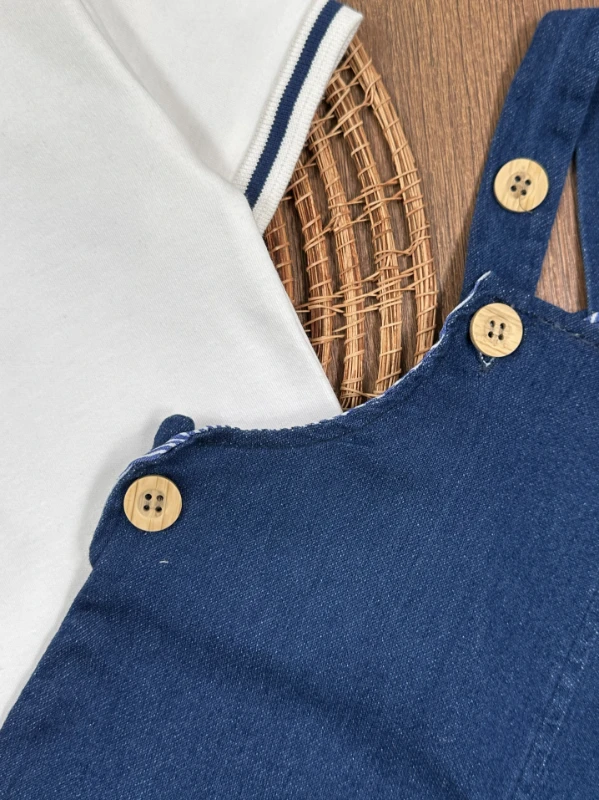 Salopet Likralı Kot Polo Yaka Sweatshirt Düğmeli Salopet Yazlık Erkek Bebek Takım - MAVİ