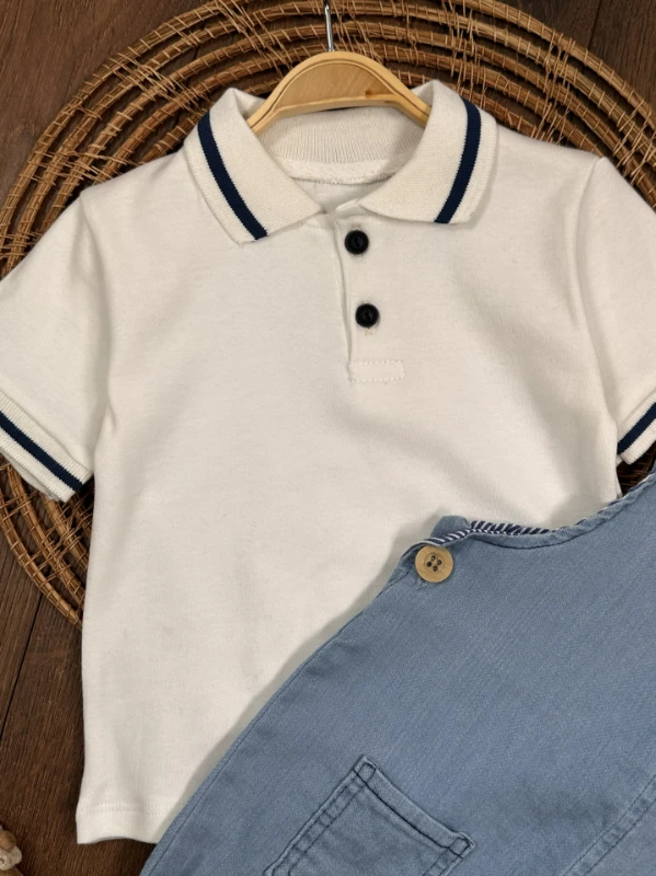 Salopet Likralı Kot Polo Yaka Sweatshirt Düğmeli Salopet Yazlık Erkek Bebek Takım - MAVİ