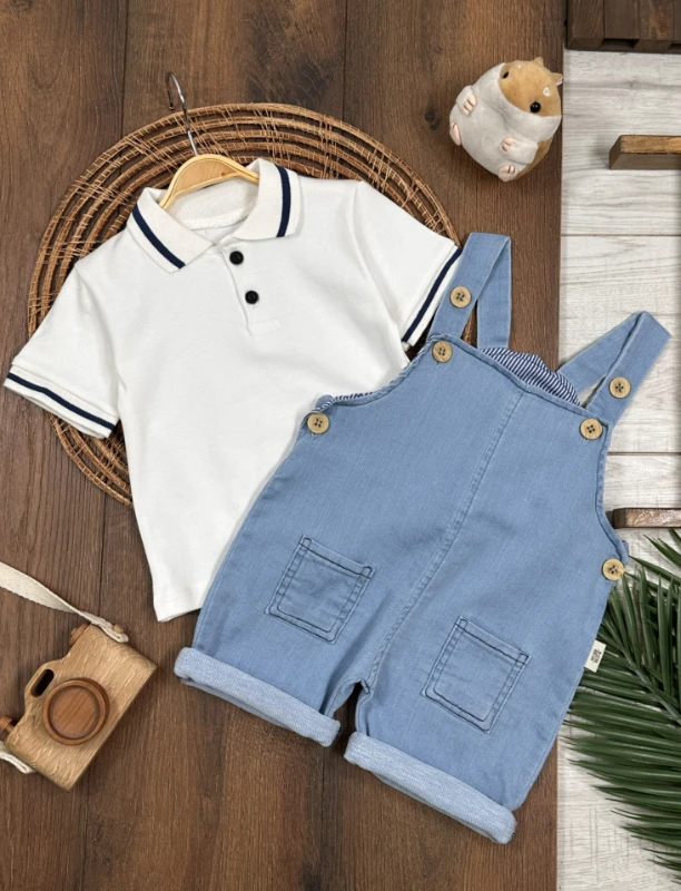 Salopet Likralı Kot Polo Yaka Sweatshirt Düğmeli Salopet Yazlık Erkek Bebek Takım - MAVİ