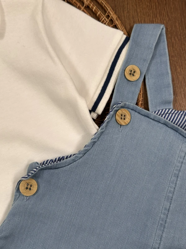 Salopet Likralı Kot Polo Yaka Sweatshirt Düğmeli Salopet Yazlık Erkek Bebek Takım - MAVİ