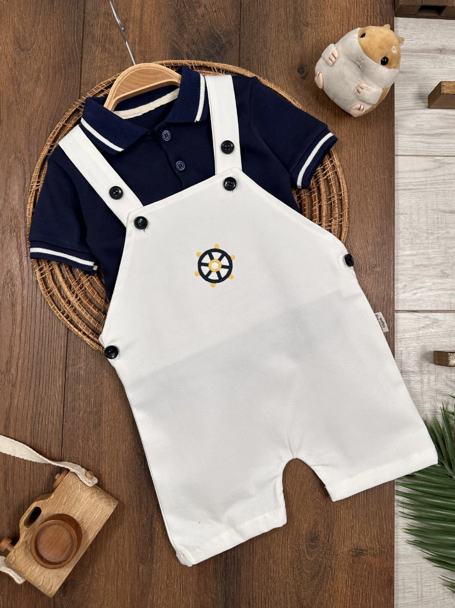 Polo Yaka Likralı Dümen Nakışlı Düğmeli  Keten Salopet Yazlık Erkek Bebek-Çocuk Takım - LACİVERT