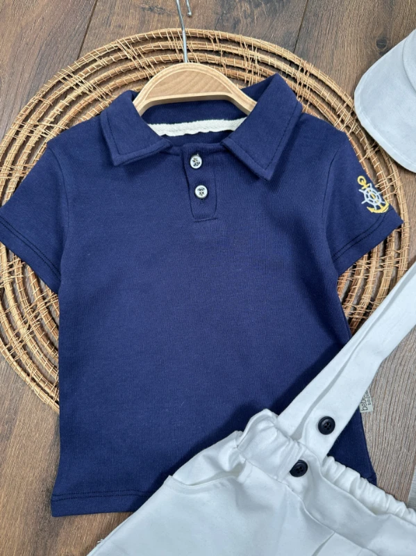 Denizci Polo Yaka Şapkalı Çapa Nakışlı Keten Likralı Salopet Yazlık Erkek Bebek-Çocuk Takım - LACİVERT