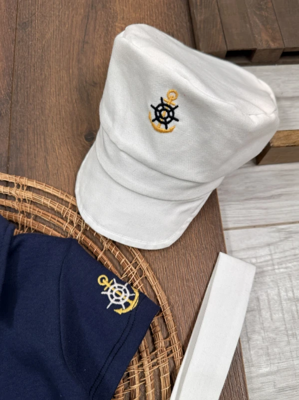 Denizci Polo Yaka Şapkalı Çapa Nakışlı Keten Likralı Salopet Yazlık Erkek Bebek-Çocuk Takım - LACİVERT