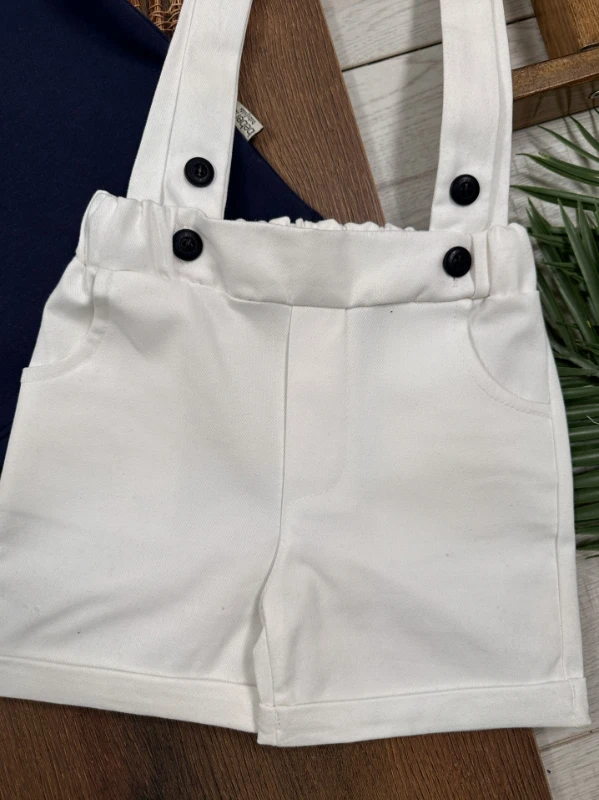 Denizci Polo Yaka Şapkalı Çapa Nakışlı Keten Likralı Salopet Yazlık Erkek Bebek-Çocuk Takım - LACİVERT