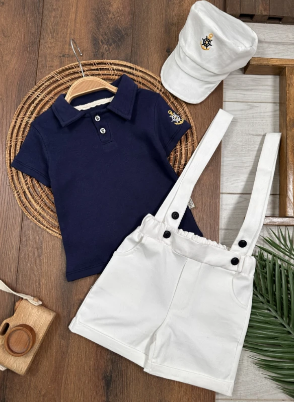 Denizci Polo Yaka Şapkalı Çapa Nakışlı Keten Likralı Salopet Yazlık Erkek Bebek-Çocuk Takım - LACİVERT