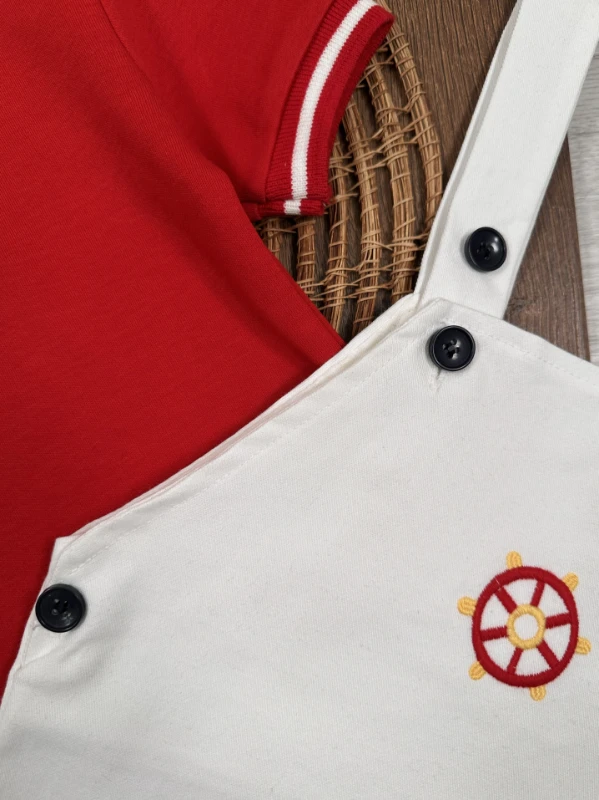 Polo Yaka Likralı Dümen Nakışlı Düğmeli  Keten Salopet Yazlık Erkek Bebek-Çocuk Takım - KIRMIZI