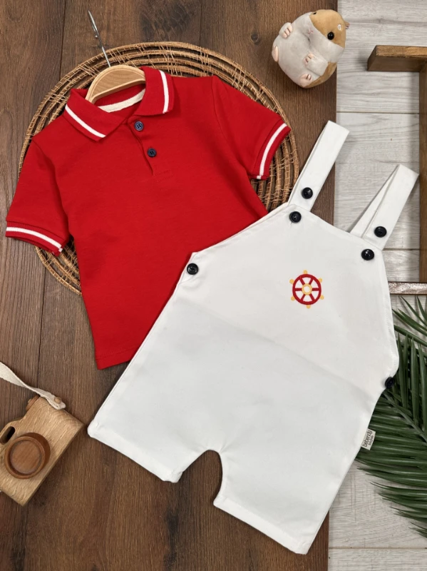Polo Yaka Likralı Dümen Nakışlı Düğmeli  Keten Salopet Yazlık Erkek Bebek-Çocuk Takım - KIRMIZI