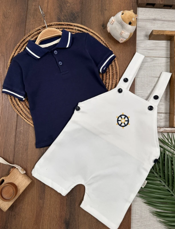 Polo Yaka Likralı Dümen Nakışlı Düğmeli  Keten Salopet Yazlık Erkek Bebek-Çocuk Takım - KIRMIZI