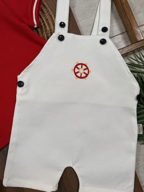 Polo Yaka Likralı Dümen Nakışlı Düğmeli  Keten Salopet Yazlık Erkek Bebek-Çocuk Takım - KIRMIZI