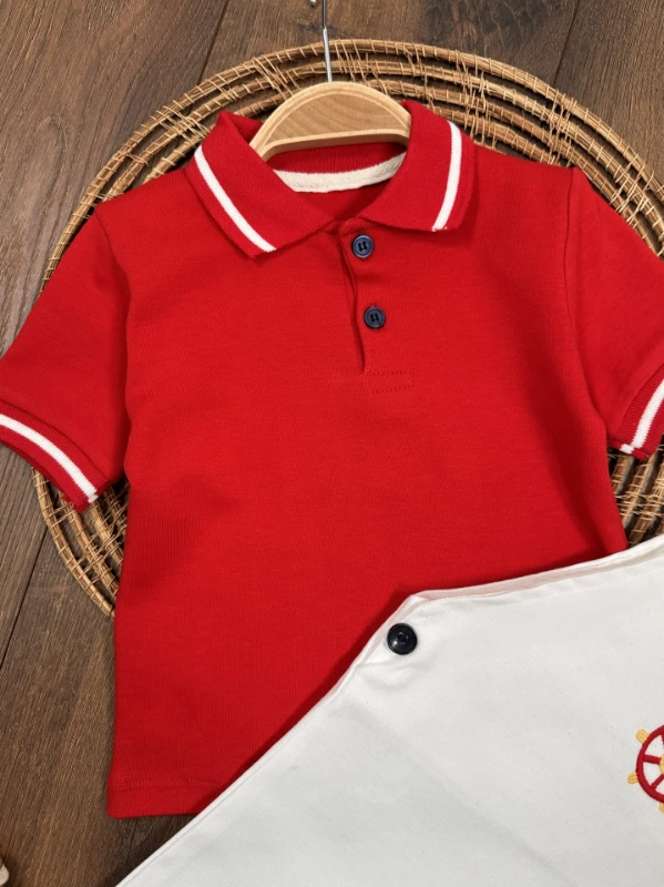 Polo Yaka Likralı Dümen Nakışlı Düğmeli  Keten Salopet Yazlık Erkek Bebek-Çocuk Takım - KIRMIZI