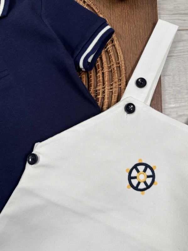 Polo Yaka Likralı Dümen Nakışlı Düğmeli  Keten Salopet Yazlık Erkek Bebek-Çocuk Takım - KIRMIZI