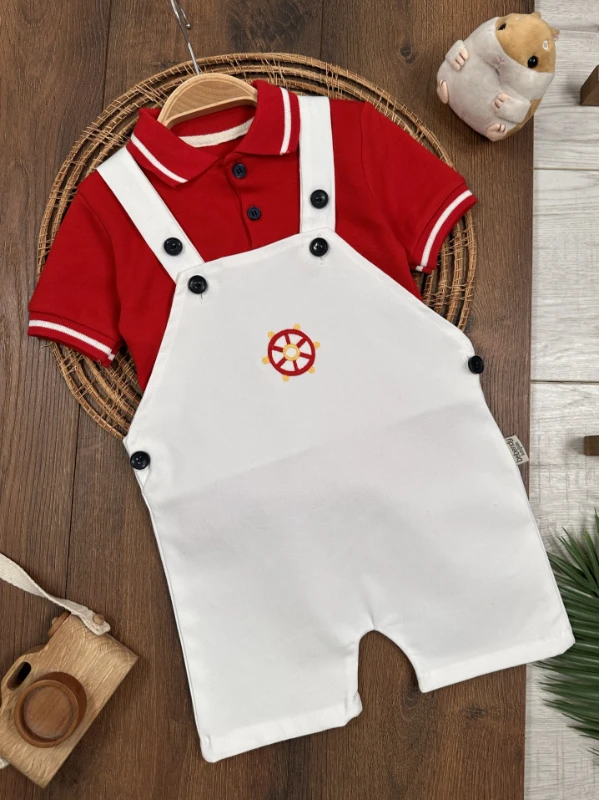 Polo Yaka Likralı Dümen Nakışlı Düğmeli  Keten Salopet Yazlık Erkek Bebek-Çocuk Takım - KIRMIZI