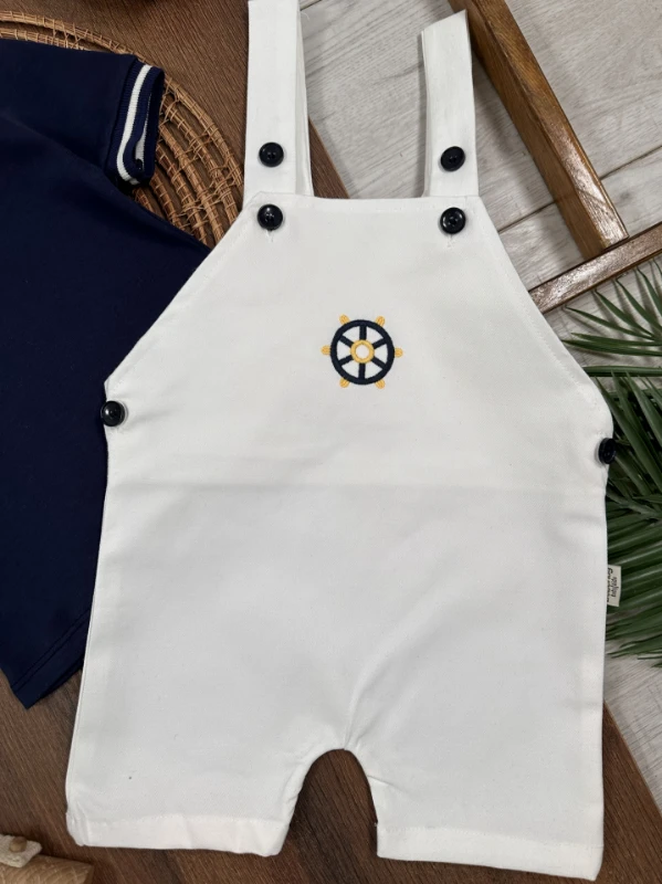 Polo Yaka Likralı Dümen Nakışlı Düğmeli  Keten Salopet Yazlık Erkek Bebek-Çocuk Takım - KIRMIZI