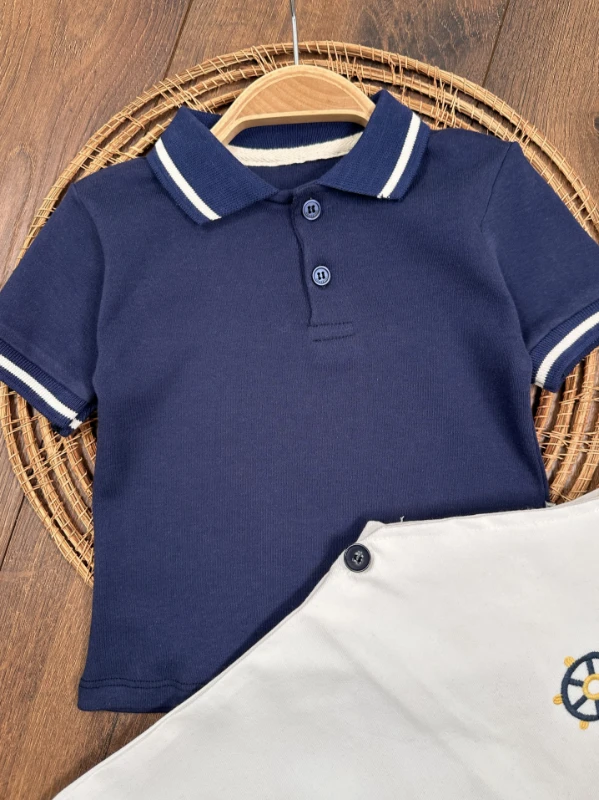 Polo Yaka Likralı Dümen Nakışlı Düğmeli  Keten Salopet Yazlık Erkek Bebek-Çocuk Takım - KIRMIZI