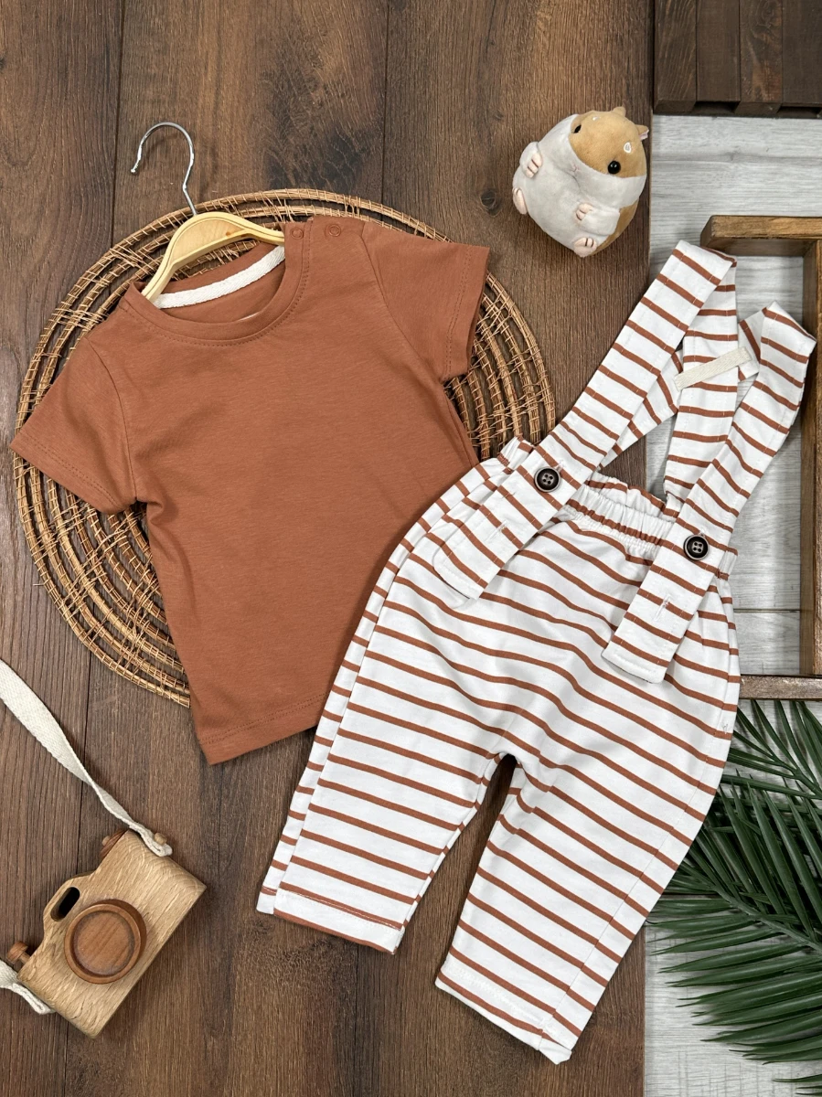 Salopet Çizgili Omuzdan Çıtçıtlı Yazlık Erkek Bebek Takım - KAHVE