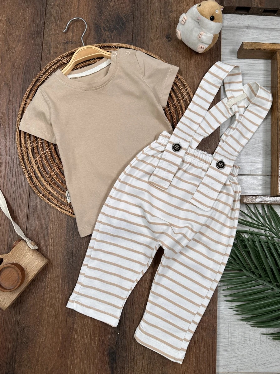 Salopet Çizgili Omuzdan Çıtçıtlı Yazlık Erkek Bebek Takım - SÜTLÜ KAHVE