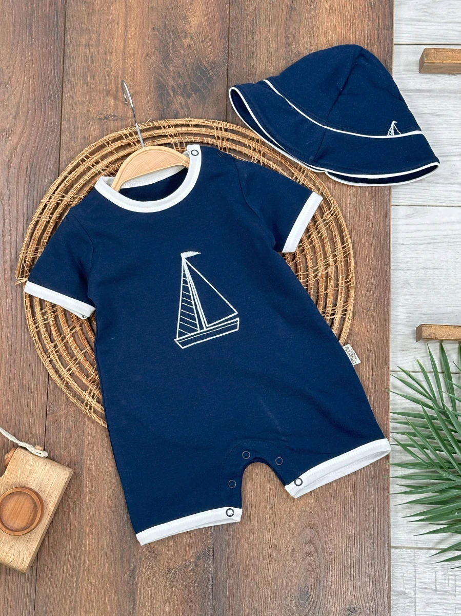 Yelken Nakışlı Şapkalı Çıtçıtlı Yazlık Erkek Bebek Tulum - LACİVERT