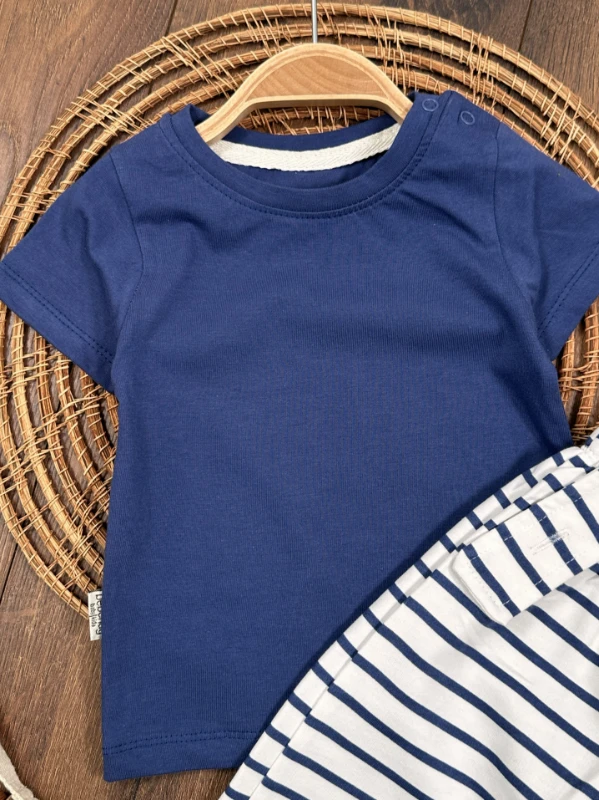 Salopet Çizgili Omuzdan Çıtçıtlı Yazlık Erkek Bebek Takım - YEŞİL