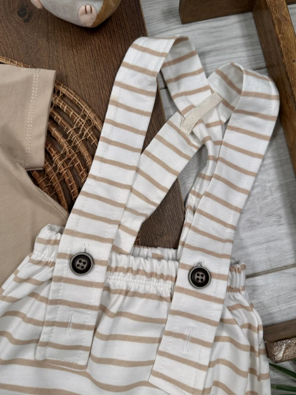 Salopet Çizgili Omuzdan Çıtçıtlı Yazlık Erkek Bebek Takım - YEŞİL