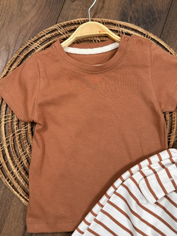 Salopet Çizgili Omuzdan Çıtçıtlı Yazlık Erkek Bebek Takım - YEŞİL