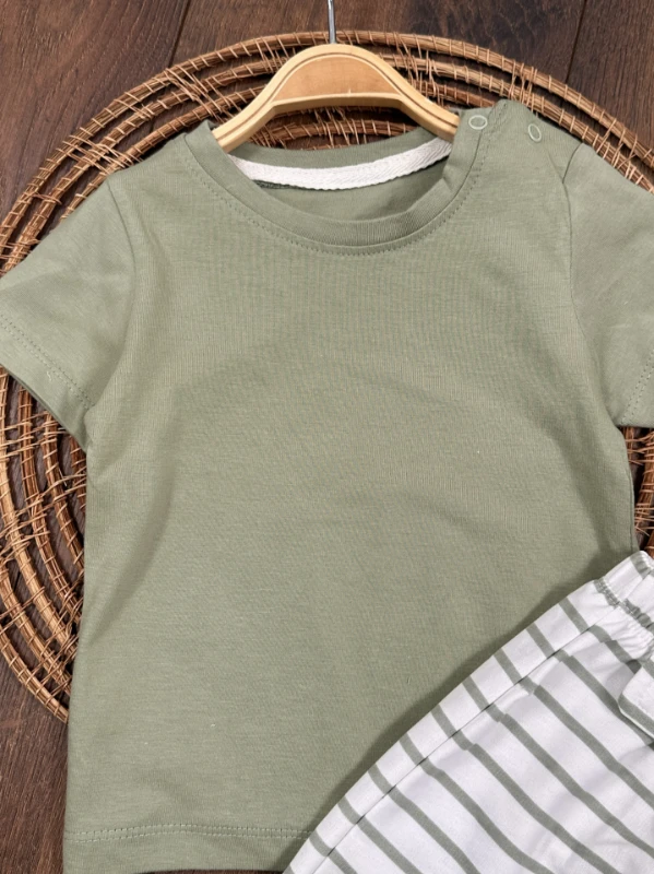 Salopet Çizgili Omuzdan Çıtçıtlı Yazlık Erkek Bebek Takım - YEŞİL