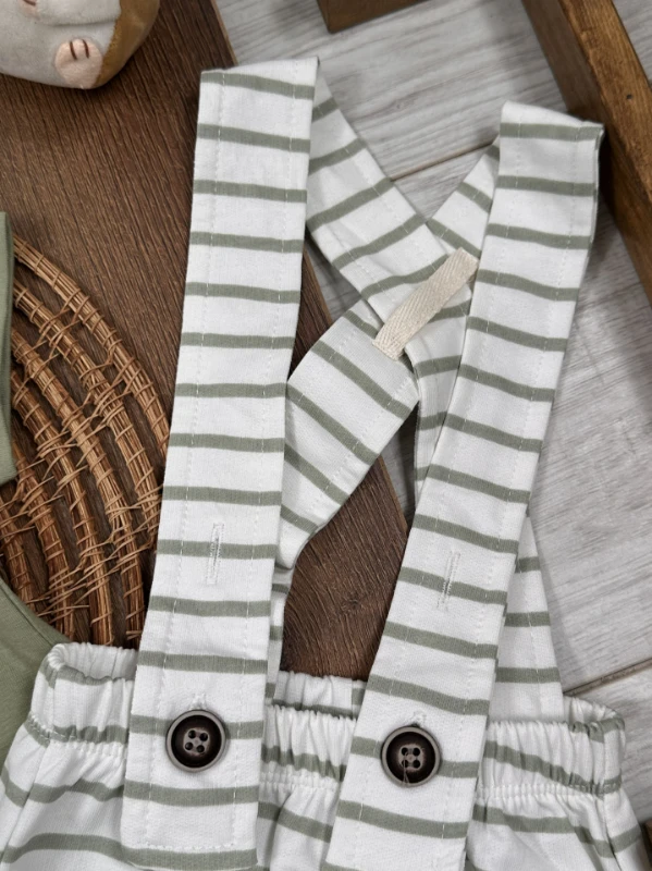 Salopet Çizgili Omuzdan Çıtçıtlı Yazlık Erkek Bebek Takım - YEŞİL