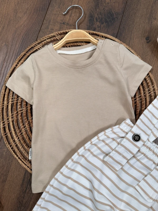 Salopet Çizgili Omuzdan Çıtçıtlı Yazlık Erkek Bebek Takım - YEŞİL