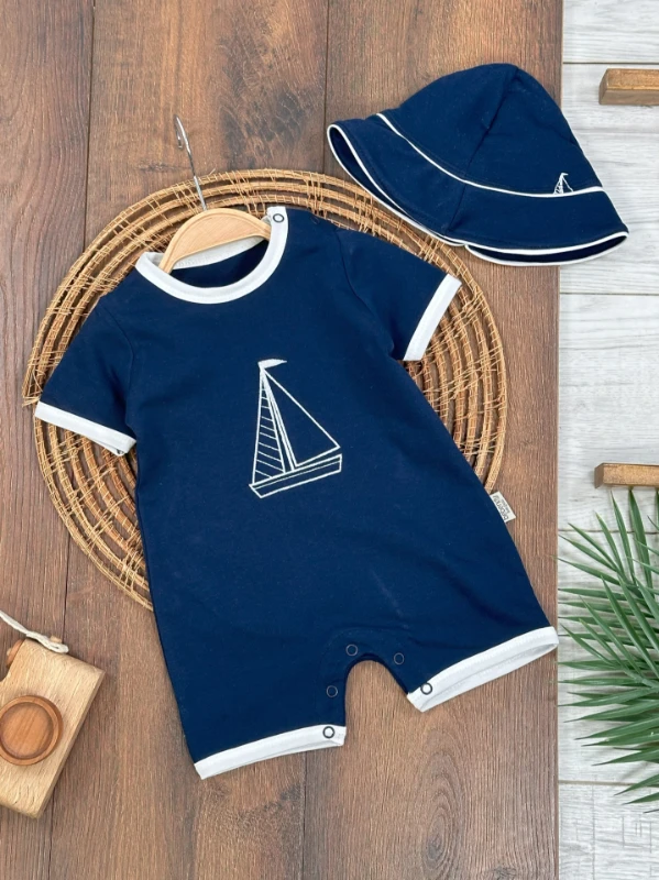 Yelken Nakışlı Şapkalı Çıtçıtlı Yazlık Erkek Bebek Tulum - LACİVERT
