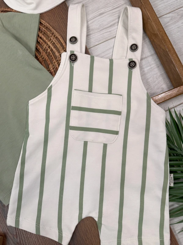 Çizgili Safari Şapkalı Omuzdan Çıtçıtlı Badi Yazlık Erkek Bebek Salopet Takım - KAHVE