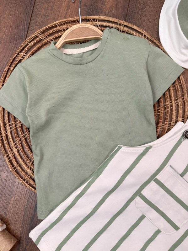 Çizgili Safari Şapkalı Omuzdan Çıtçıtlı Badi Yazlık Erkek Bebek Salopet Takım - KAHVE