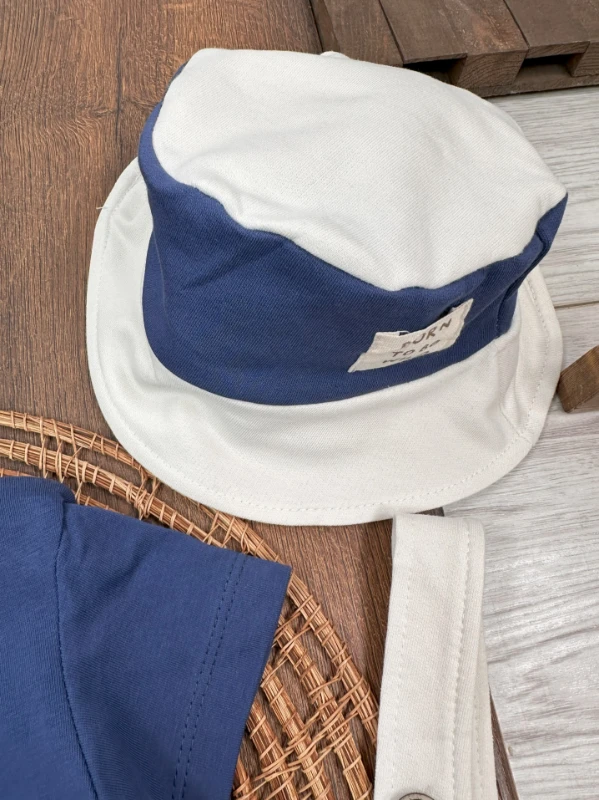 Çizgili Safari Şapkalı Omuzdan Çıtçıtlı Badi Yazlık Erkek Bebek Salopet Takım - KAHVE