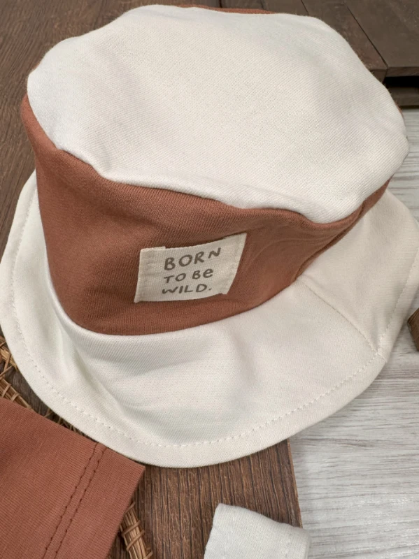 Çizgili Safari Şapkalı Omuzdan Çıtçıtlı Badi Yazlık Erkek Bebek Salopet Takım - KAHVE