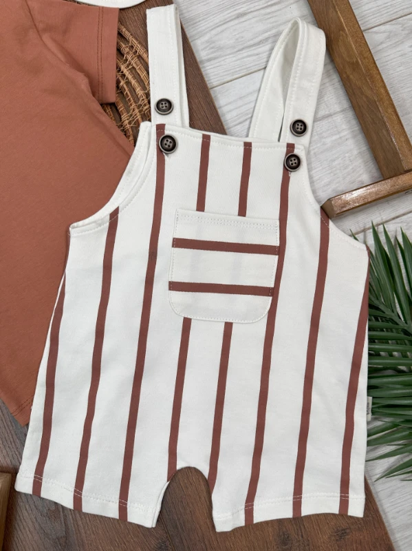 Çizgili Safari Şapkalı Omuzdan Çıtçıtlı Badi Yazlık Erkek Bebek Salopet Takım - KAHVE