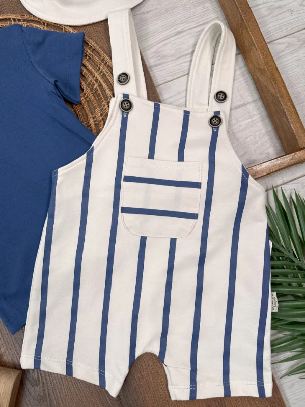 Çizgili Safari Şapkalı Omuzdan Çıtçıtlı Badi Yazlık Erkek Bebek Salopet Takım - KAHVE