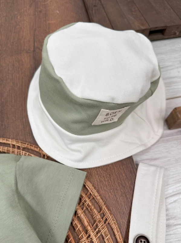 Çizgili Safari Şapkalı Omuzdan Çıtçıtlı Badi Yazlık Erkek Bebek Salopet Takım - KAHVE