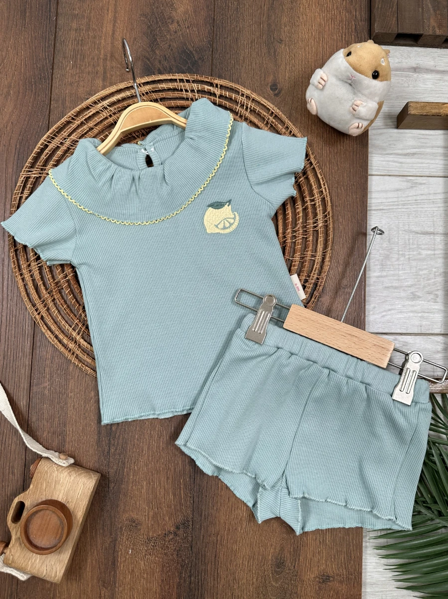 Meyveler Nakışlı Esnek Kaşkorse Yazlık Kız Bebek Takım - TURKUAZ