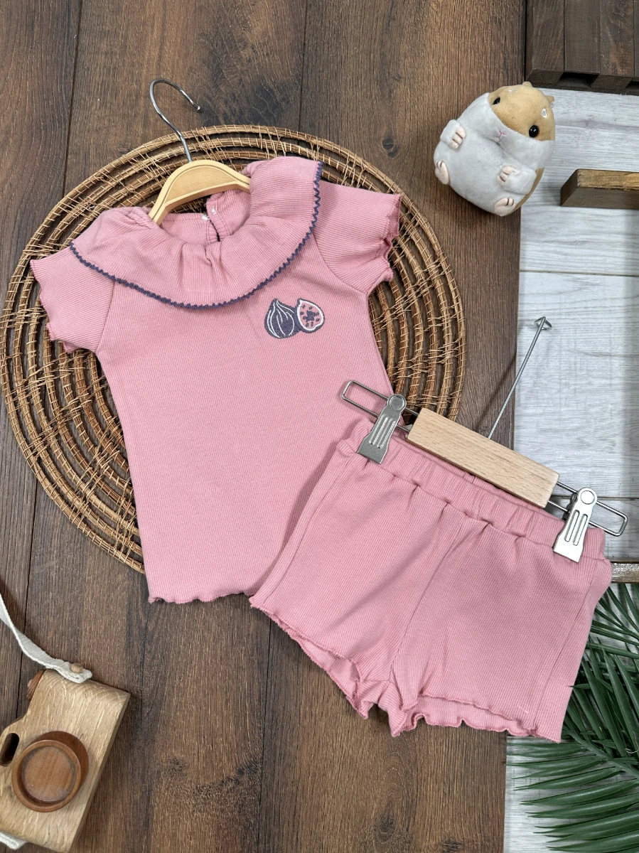 Meyveler Nakışlı Esnek Kaşkorse Yazlık Kız Bebek Takım - PUDRA
