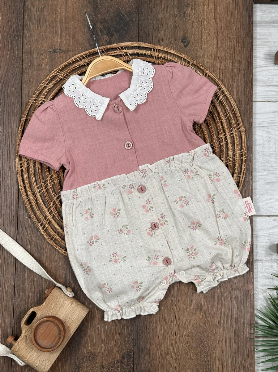 Müslin Yaka Güpürlü Önden Düğmeli Alttan Çıtçıtlı Yazlık Kız Bebek Tulum - PUDRA