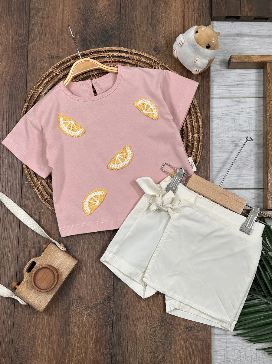 Limon Nakışlı Şort Etekli Yazlık Kız Bebek Takım - PUDRA