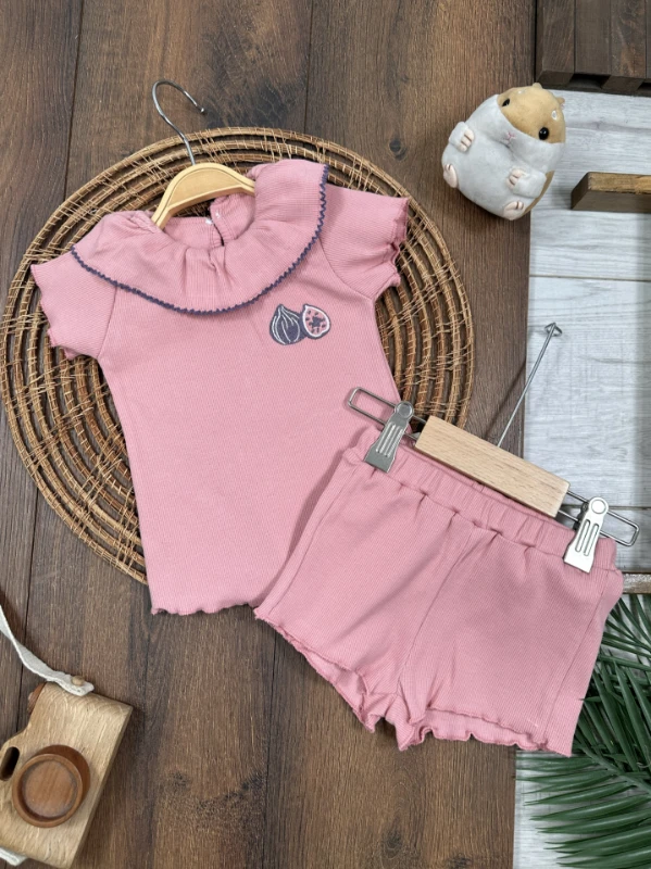 Meyveler Nakışlı Esnek Kaşkorse Yazlık Kız Bebek Takım - PUDRA